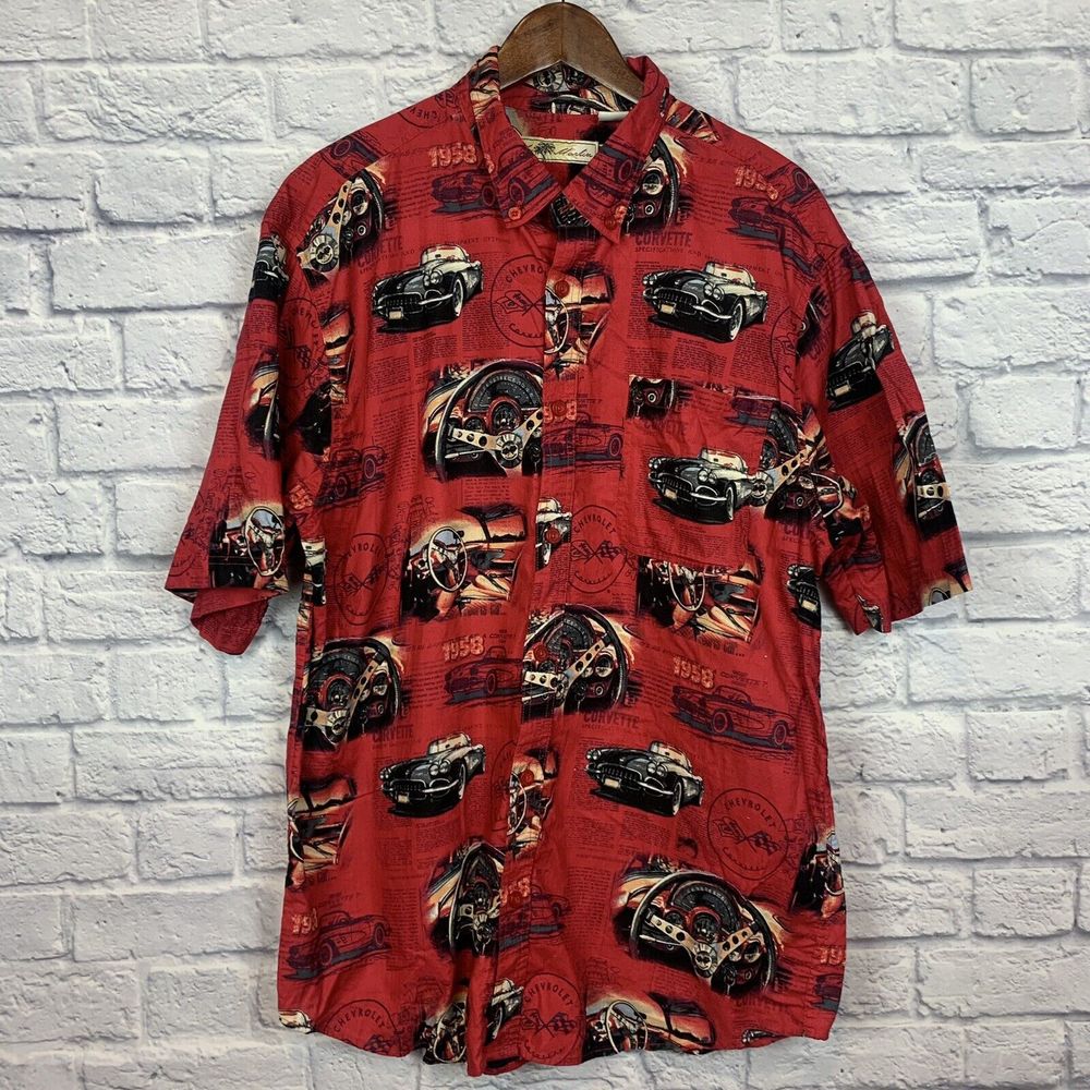 Joe Marlin 1950 Vintage Car Short Sleeve Red Button Hawaiian Shirt Chevy XXL 2XL